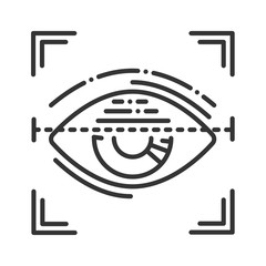 Eye identification black line icon. ID and verifying person. Concept of: dna system, scientific technology, scanning. Biometric security element. Sign for web page, mobile app.