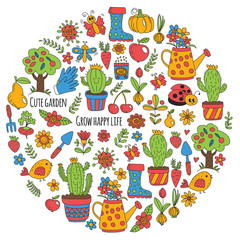 Cute gardening. Icons for banners. Vector pattern for backgrounds.