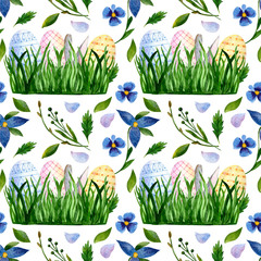 Watercolor seamless pattern with bushes of grass, eggs and flowers