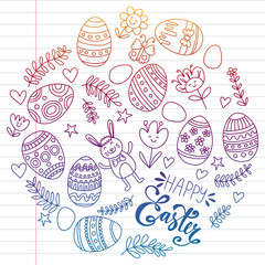 Happy Easter. Vector pattern with eggs, bunny, flowers.