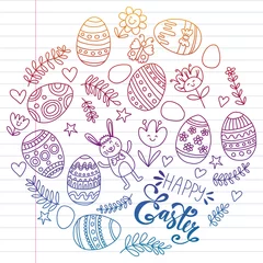 Muurstickers Happy Easter. Vector pattern with eggs, bunny, flowers. © rudut2015