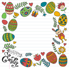 Happy Easter. Vector pattern with eggs, bunny, flowers.
