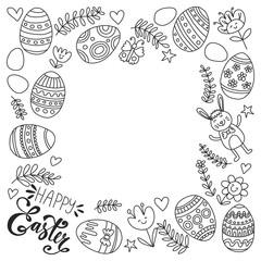 Happy Easter. Vector pattern with eggs, bunny, flowers.