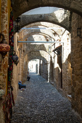 The Jewish quarter in the old town of Rhodes.  A Greek island with the oldest, still lived in, medieval city in Europe.  The Jewish quarter has little tourism and is very quiet.