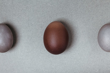 Large brown egg between small gray. Easter minimalistic concept, horizontal