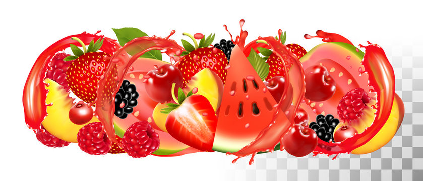 Fruit in juice splash panorama. Strawberry, raspberry, crowberry, blackberry, orange, guava, watermelon, peach, cherry, mango. Vector.