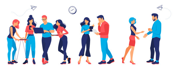 People work in a team. Business, workflow management and office situations. Landing page template. Isolated white background. set of 3d isometric illustration in modern flat style. Vector.