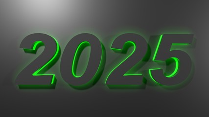 2025 in black digits with green  back light, on a black surface - 3D rendering illustration