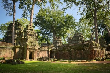 Fototapeta na wymiar Western gate of the inner courtyard of Ta Prohm temple ruins, located in Angkor Wat complex near Siem Reap, Cambodia.