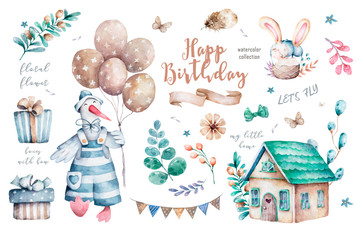 Cute bunny and goose cartoon with balloon and easter elements. Hand draw cute watercolor illustration for design. Boho style