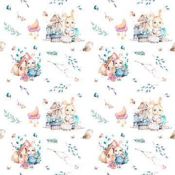 Cute bunnies in forest. Spring seamless pattern, cartoon illustration for children clothing. Woodland Watercolor style. Hand drawn boho image for cases design, nursery posters, postcards