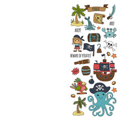 Vector pattern with pirate icons. Adventure, birthday party.