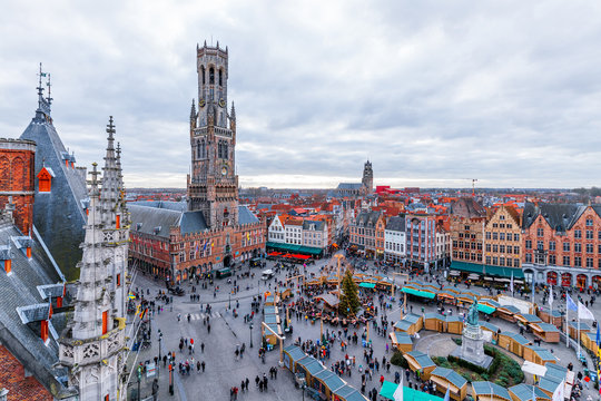Aerial view of Belfry Tower and town square, Bruges, Belgium