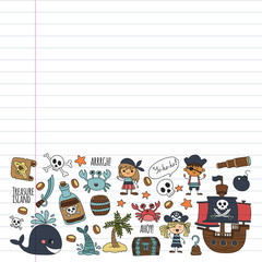 Fototapeta premium Vector pattern with pirate icons. Adventure, birthday party.