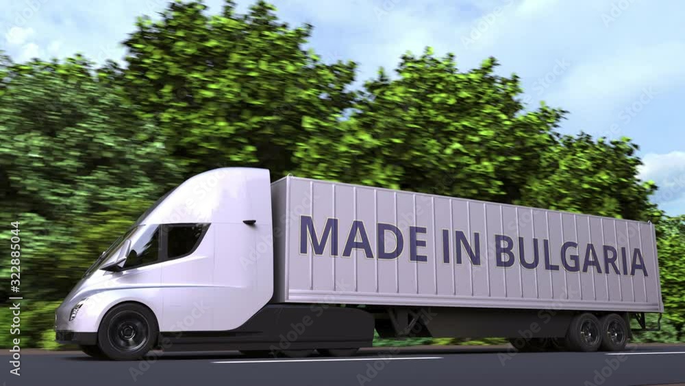 Poster trailer truck with made in bulgaria text on the side. bulgarian import or export related loopable 3d