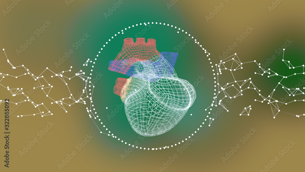 Poster the polygonal three-dimensional heart in the ring of plexus connections over colorful defocused back