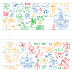 Vector pattern with pirate icons. Adventure, birthday party.
