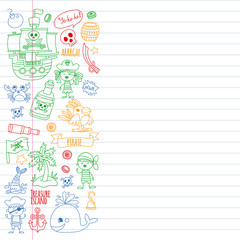 Vector pattern with pirate icons. Adventure, birthday party.