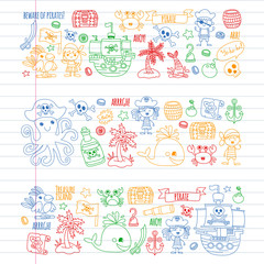 Vector pattern with pirate icons. Adventure, birthday party.
