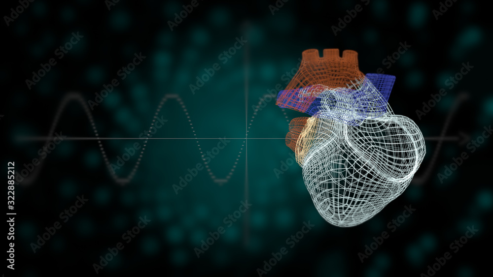 Poster heart attack concept. abstract grid style heart pumping blood actively and heartrate diagram on dark