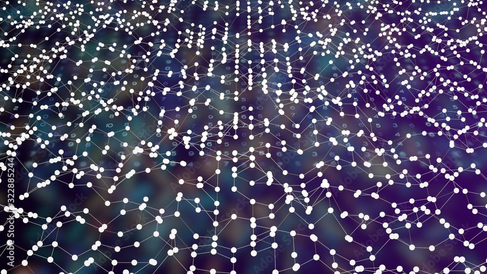 Poster abstract futuristic polygonal surface with connected dots in wave and matrix curtain on dark backgro
