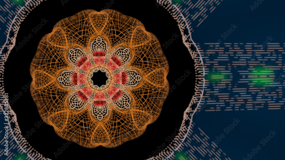 Poster abstract theme of concentric pattern on a black background with misty particles curtain.