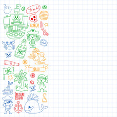 Vector pattern with pirate icons. Adventure, birthday party.