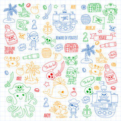 Vector pattern with pirate icons. Adventure, birthday party.