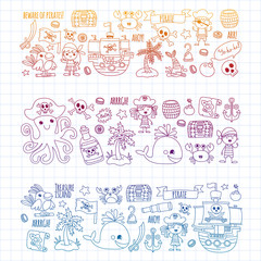 Obraz premium Vector pattern with pirate icons. Adventure, birthday party.