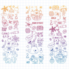 Vector pattern with pirate icons. Adventure, birthday party.