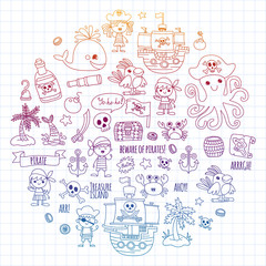 Vector pattern with pirate icons. Adventure, birthday party.