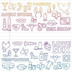 Vector set with sex shop icons. Erotic fetish games background.