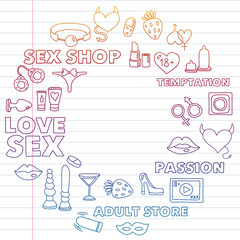 Vector set with sex shop icons. Erotic fetish games background.