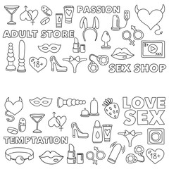 Vector set with sex shop icons. Erotic fetish games background.