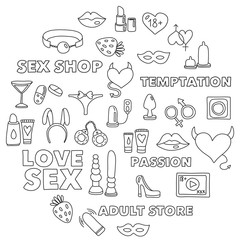 Vector set with sex shop icons. Erotic fetish games background.