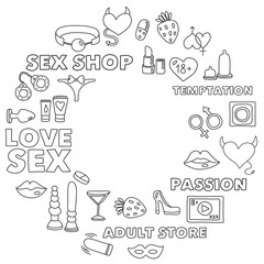 Obraz premium Vector set with sex shop icons. Erotic fetish games background.