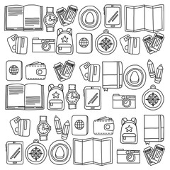 Vector pattern with travel icons. Get ready for adventures and travel. Hot air balloon, suitcase, airplane. Great vacation, holidays.