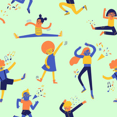 Seamless vector pattern of young happy people dancing 