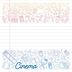 Cinema, video. Doodle set of vector icons. Megaphone, camera, movie. Musical theathre, entertaiment.