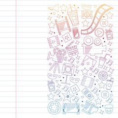 Fototapeta na wymiar Cinema, video. Doodle set of vector icons. Megaphone, camera, movie. Musical theathre, entertaiment.
