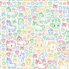 Children pattern with fairy tale unicors for kids clothes, posters, banners, shirts. Vector image with cartoon character.