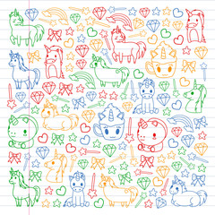 Children pattern with fairy tale unicors for kids clothes, posters, banners, shirts. Vector image with cartoon character.