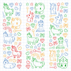 Children pattern with fairy tale unicors for kids clothes, posters, banners, shirts. Vector image with cartoon character.