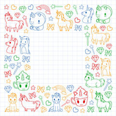 Children pattern with fairy tale unicors for kids clothes, posters, banners, shirts. Vector image with cartoon character.
