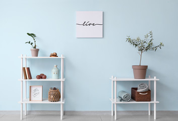 Shelf units with decor near color wall