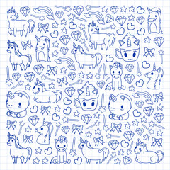 Children pattern with fairy tale unicors for kids clothes, posters, banners, shirts. Vector image with cartoon character.