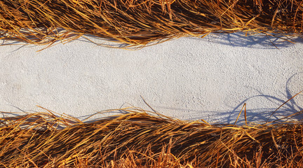 Texture of a white wall with dry yellow grass