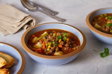 Delicious hamburger soup with vegetables. Healthy nutrition food