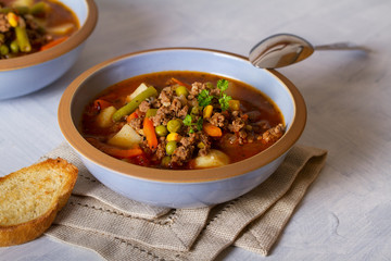Delicious hamburger soup with vegetables. Healthy nutrition food