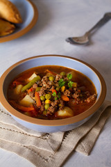 Delicious hamburger soup with vegetables. Healthy nutrition food